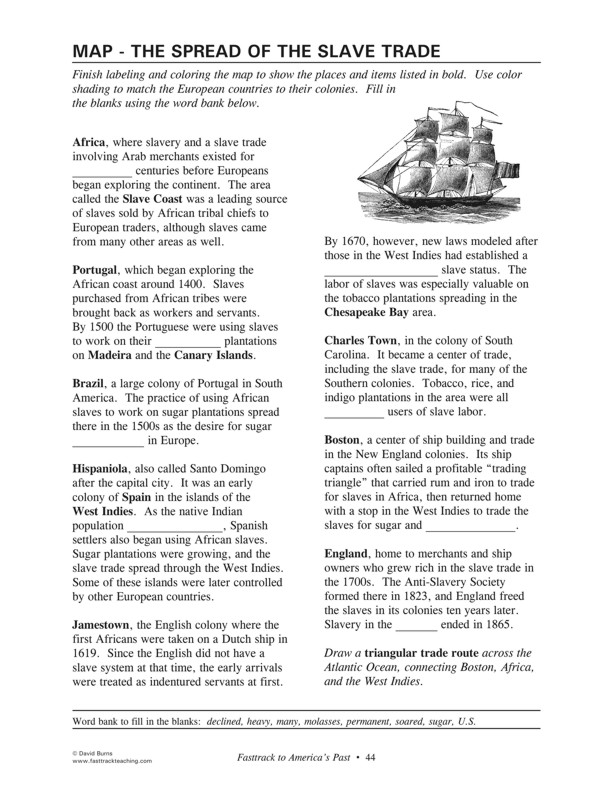 Fasttrack to America's Past - Section 2: Colonial America 1600 - 1775 - Map - The Spread of the Slave Trade - directions for completing the map