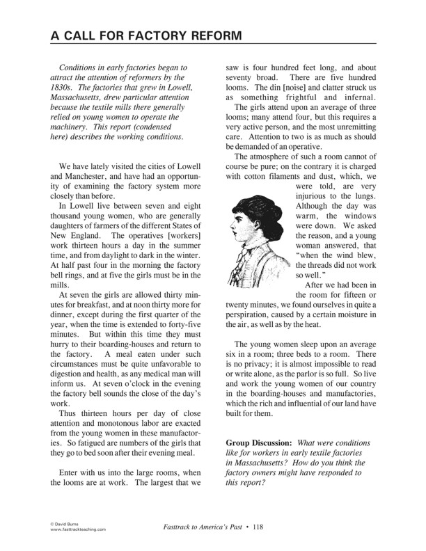 Fasttrack to America's Past - Section 4 The Growing Years 1800 - 1860   A Call for Factory Reform - account of textile mill life in Lowell, Massachusetts