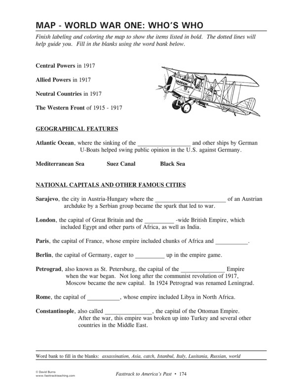 Fasttrack to America's Past - Section 7: Becoming a World Leader  1900 - 1950   Map - World War One - directions for completing map