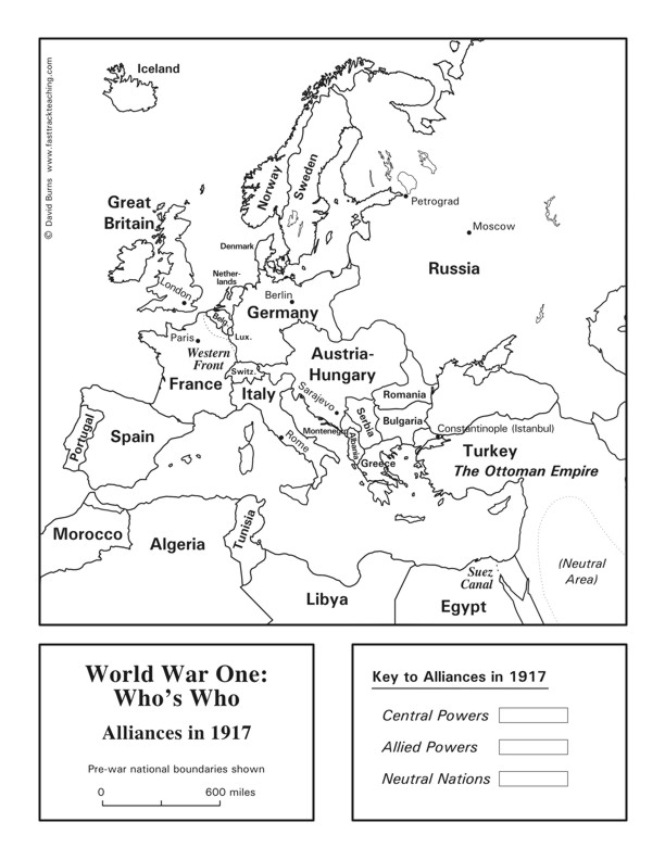 Fasttrack to America's Past - Section 7: Becoming a World Leader  1900 - 1950   Map - World War One - map to complete showing Europe during World War I