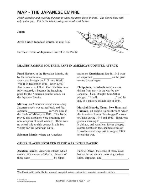 Fasttrack to America's Past - Section 7: Becoming a World Leader  1900 - 1950   Map - The Japanese Empire - directions for completing map